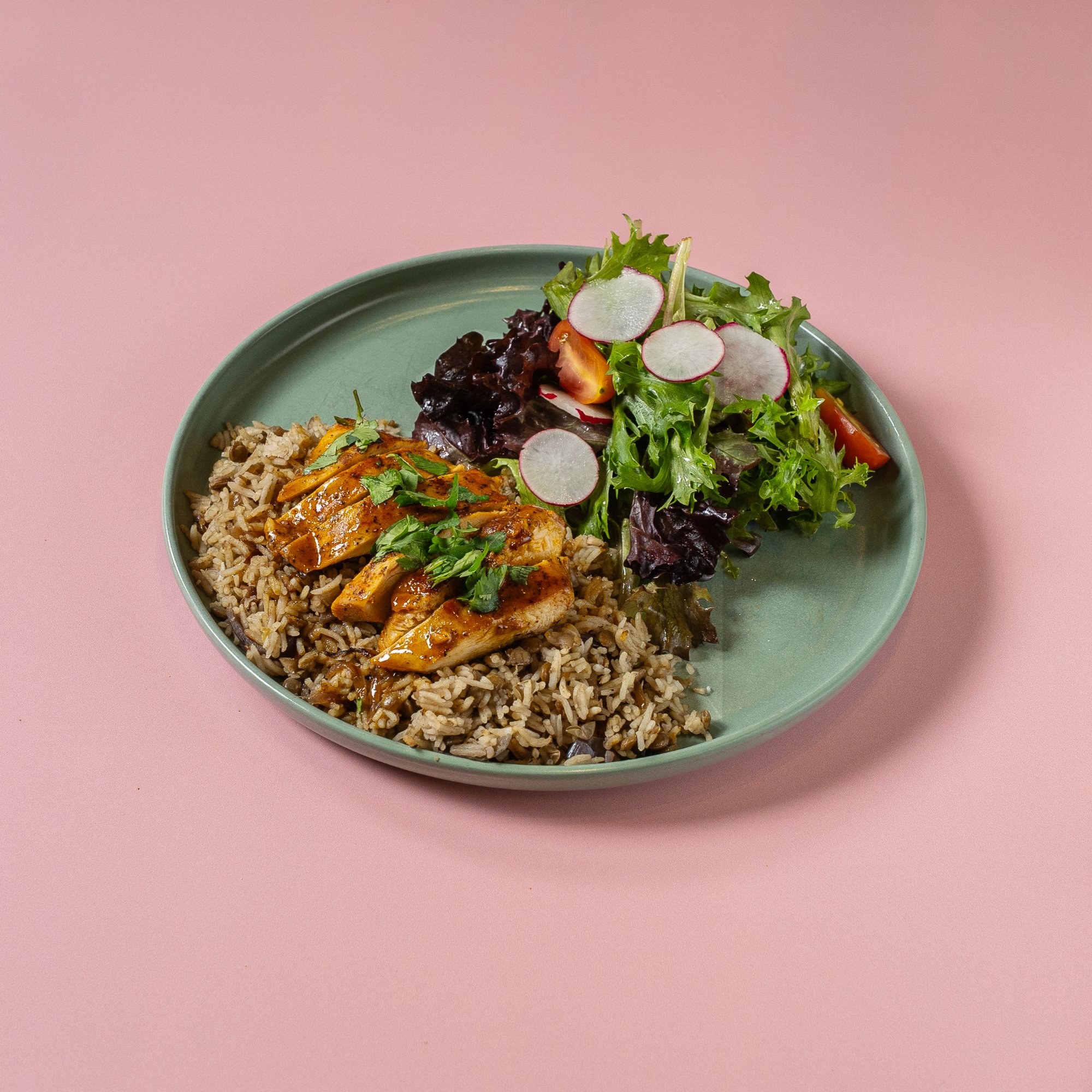 Glazed chicken with rice and salad