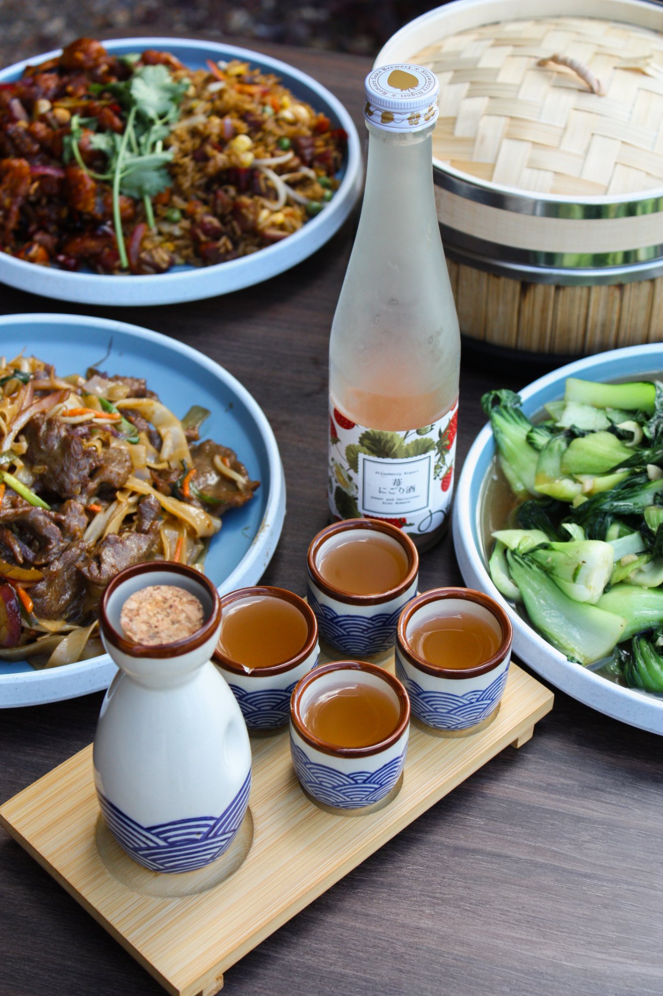 Sake flight with shared dishes